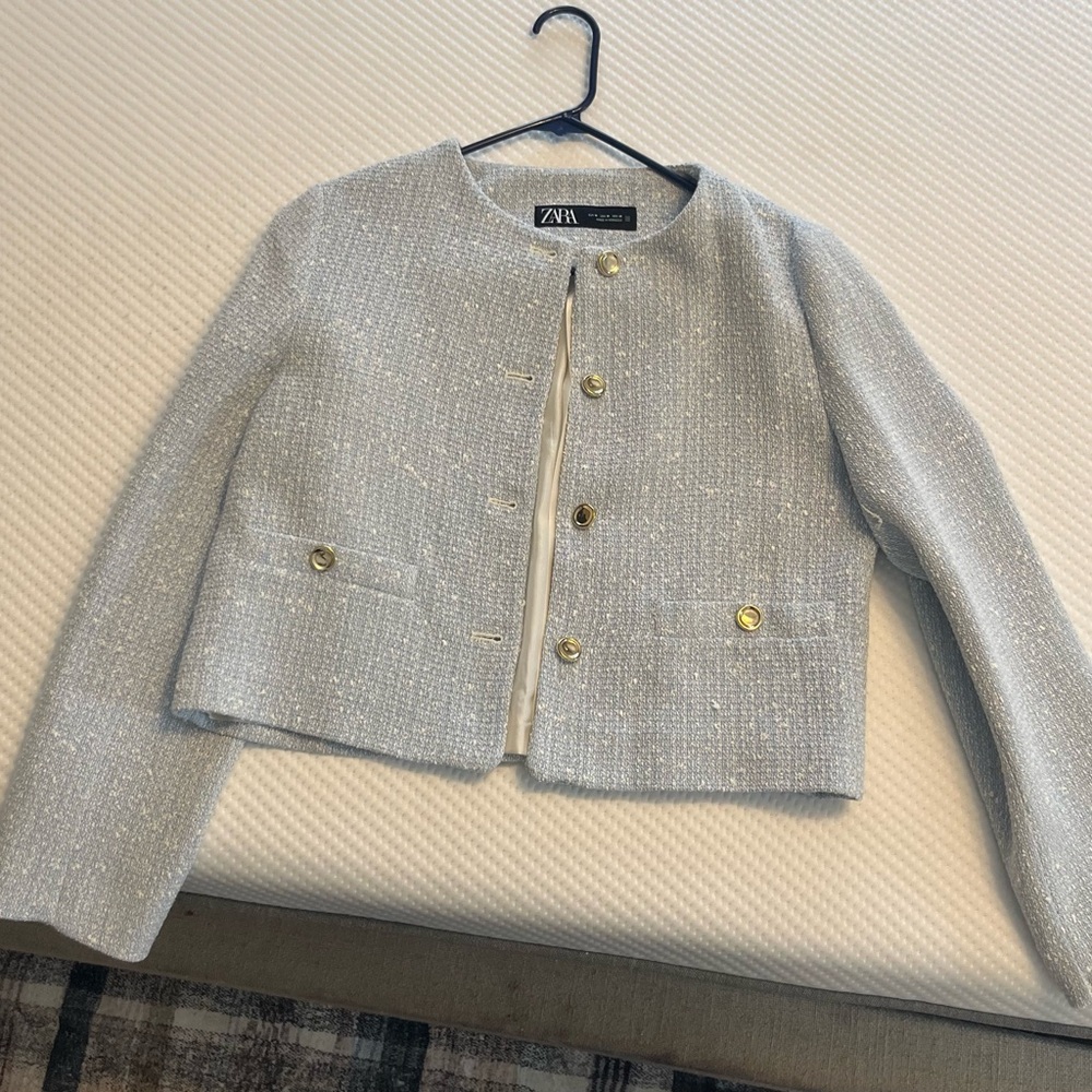 Zara Light Blue Gray Textured Blazer
